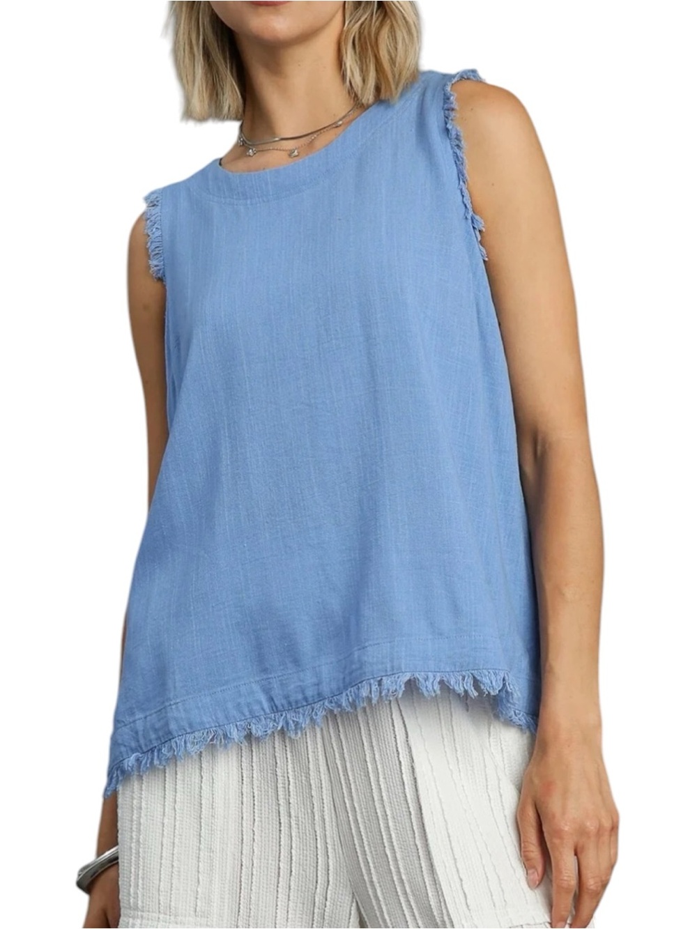 Umgee Linen Blend Button Back Dusty Blue Sleeveless Fringe Hem Women's Top